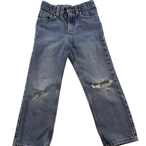 Cat & Jack Boys Relaxed Straight Leg Distressed Blue Jeans Sz 6 Adjustable Waist